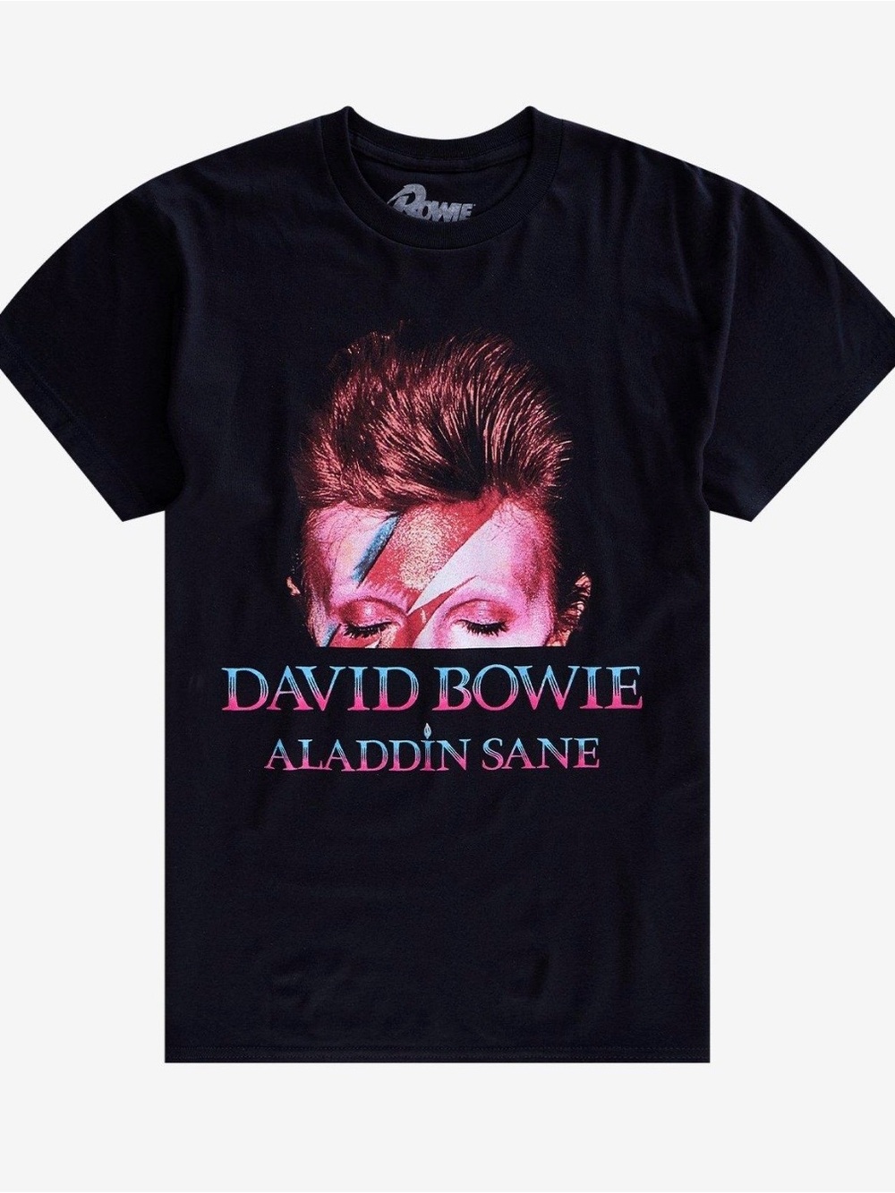 Hot Topic David Bowie Aladdin Sane Black Tee with Pink & Blue Graphic